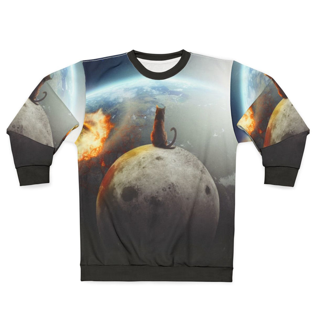 Cat Victory Sweatshirt featuring a graphic of a cat in a space-themed design
