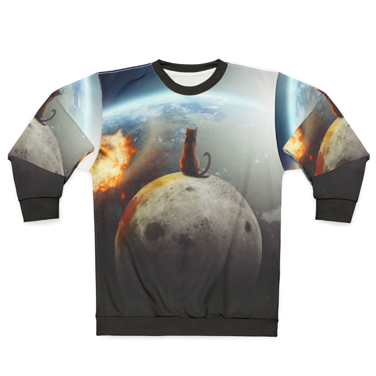 Cat Victory Sweatshirt featuring a graphic of a cat in a space-themed design