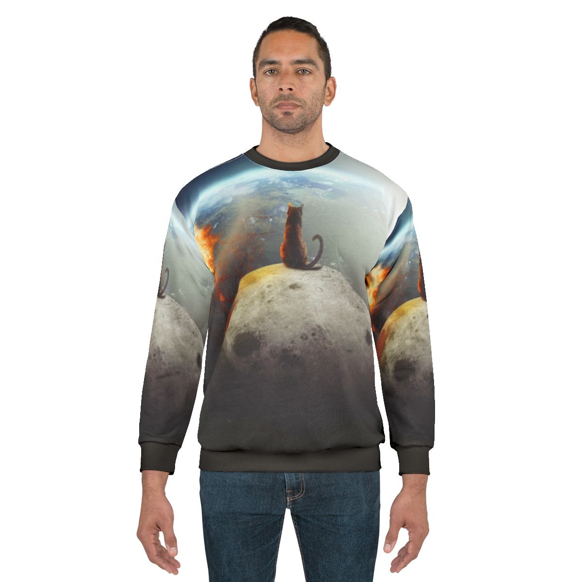 Cat Victory Sweatshirt featuring a graphic of a cat in a space-themed design
