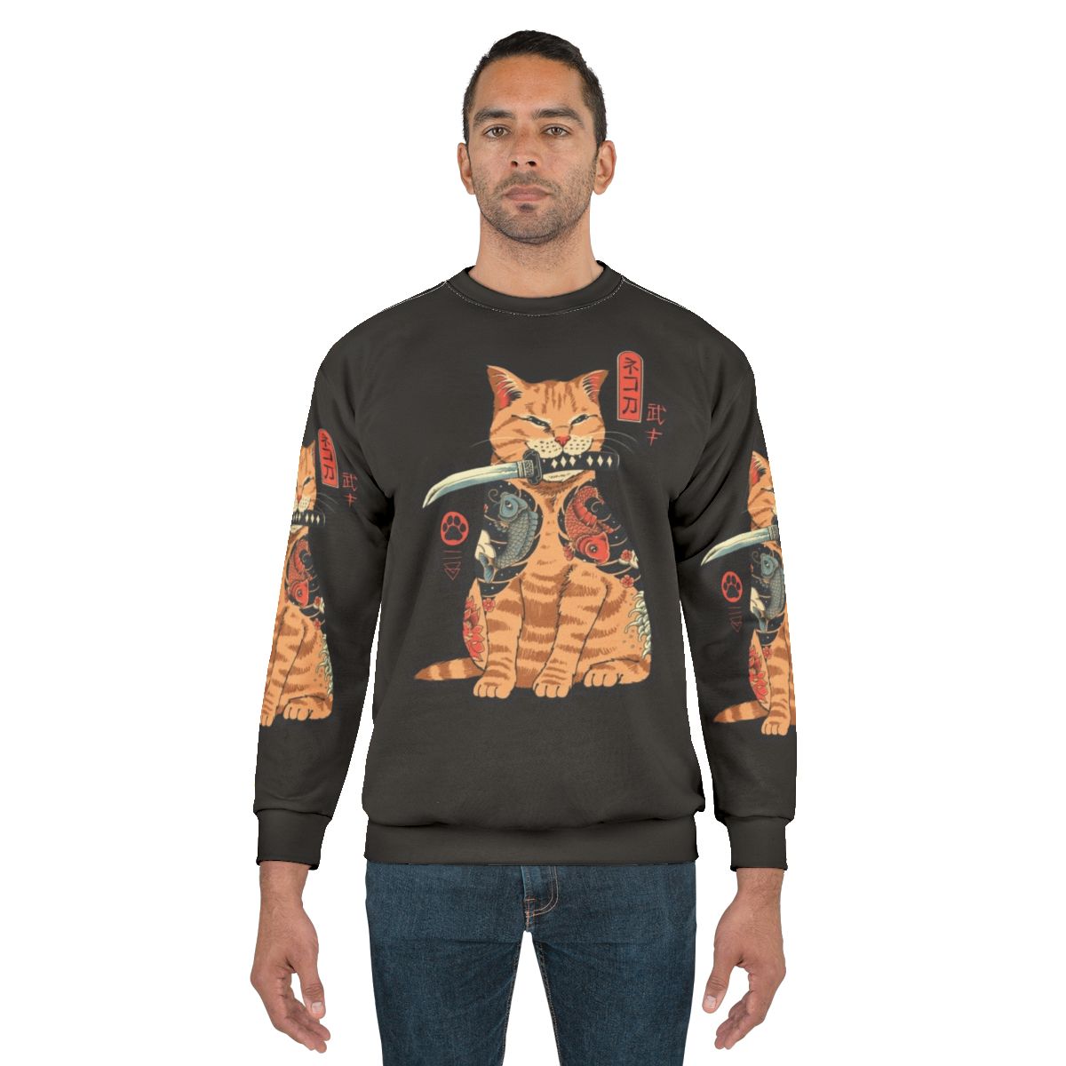 Cat wearing Japanese-inspired Catana sweatshirt