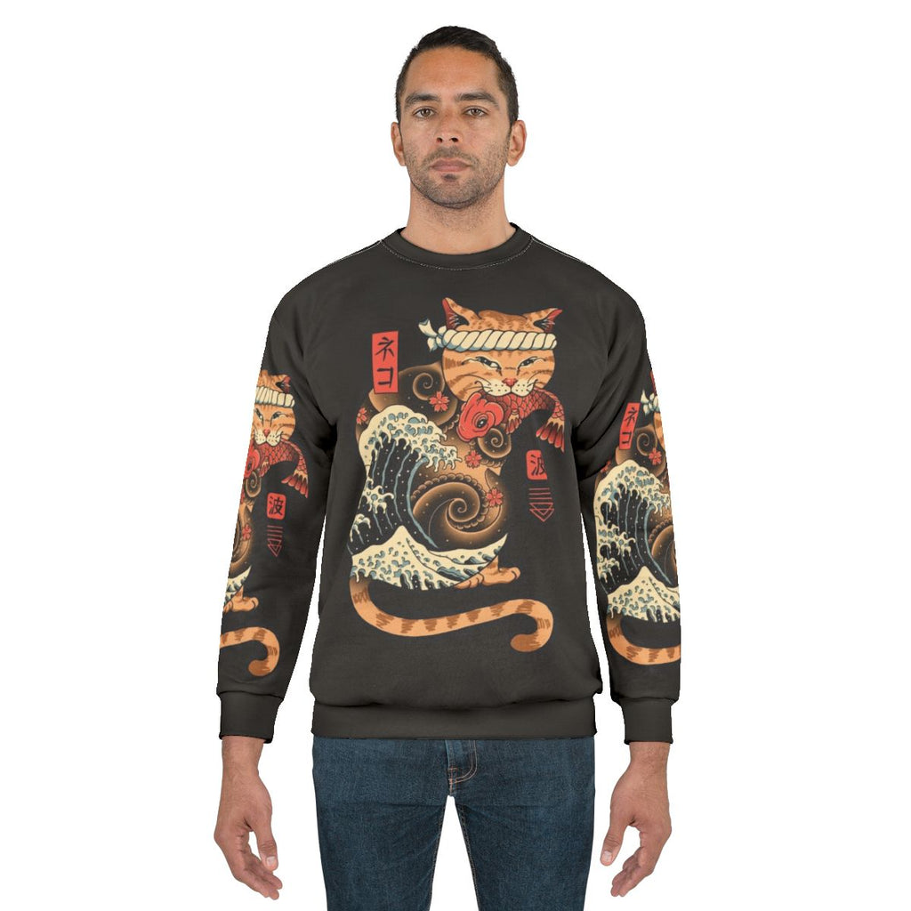 Catana Wave Sweatshirt featuring cats and the iconic Great Wave painting