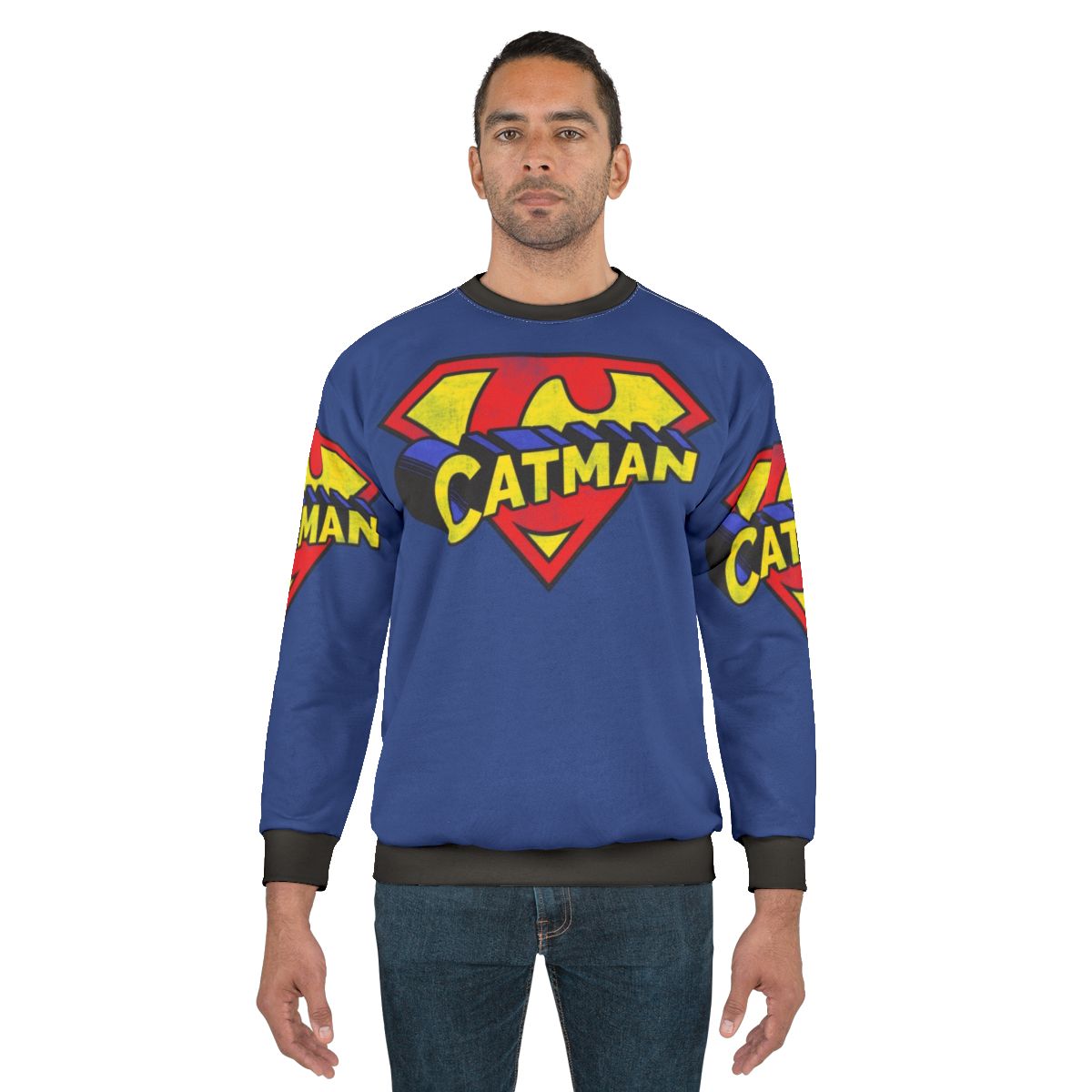 Retro Catman Sweatshirt with a Superhero-Inspired Cat Graphic