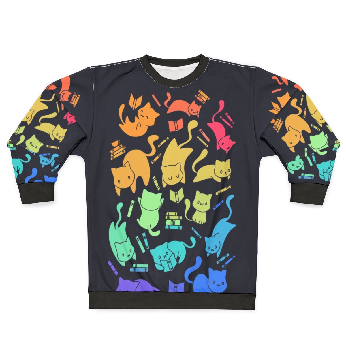 Colorful cats and books sweatshirt with rainbow and kawaii animal print design