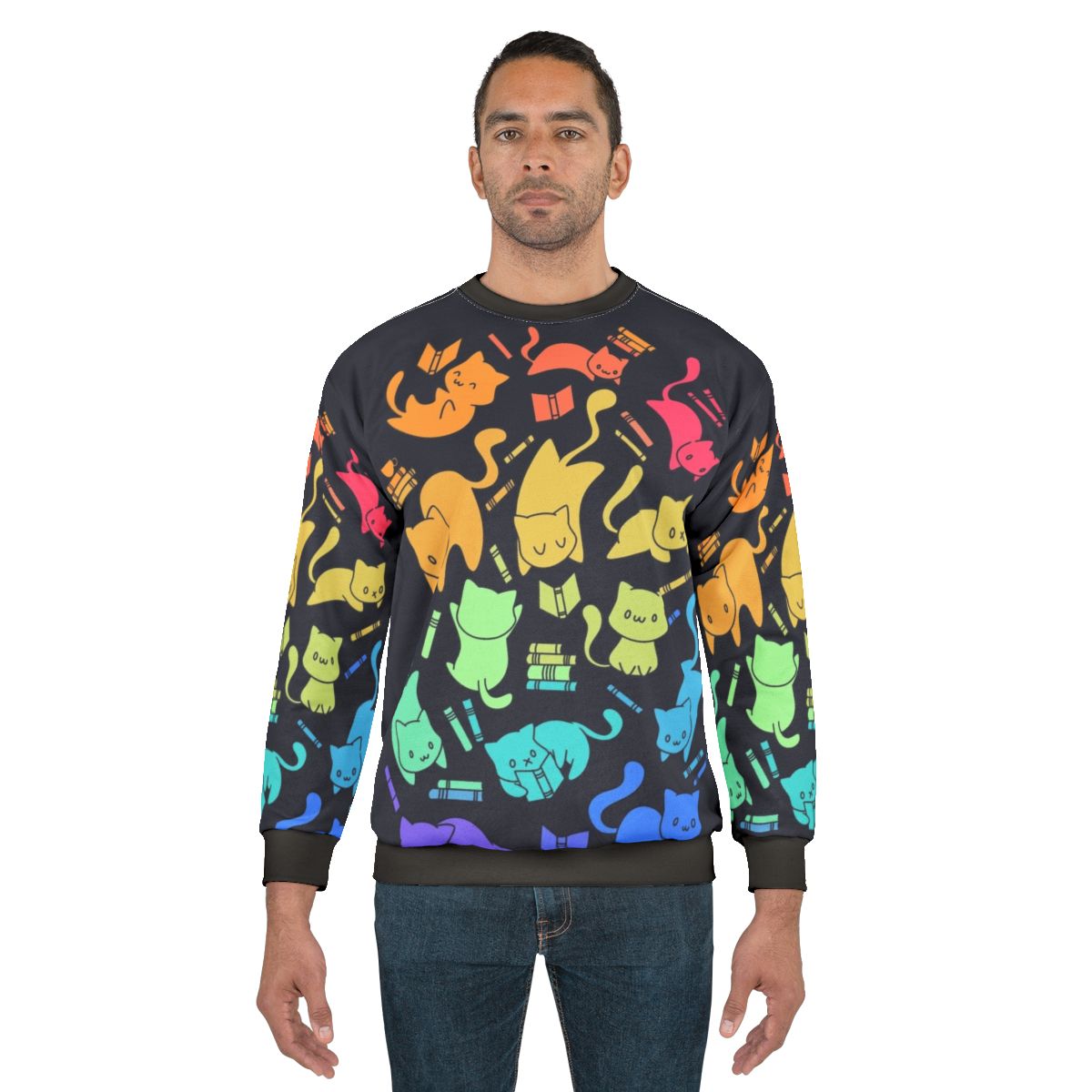 Colorful cats and books sweatshirt with rainbow and kawaii animal print design