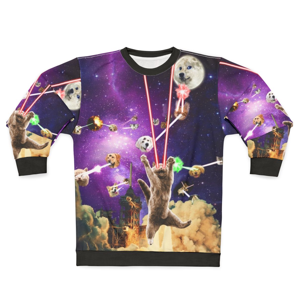 Cats with laser eyes on a sci-fi inspired sweatshirt