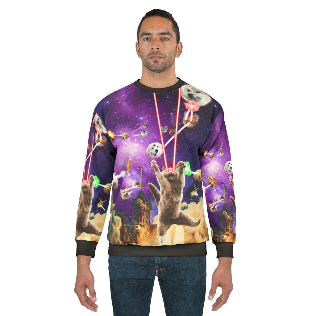 Cats with laser eyes on a sci-fi inspired sweatshirt