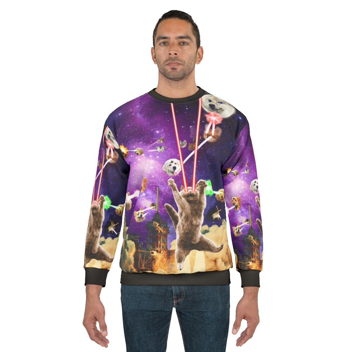 Cats with laser eyes on a sci-fi inspired sweatshirt