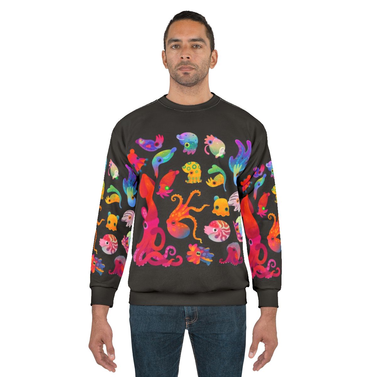 Cephalopod sweatshirt featuring squid, octopus, and other marine life designs