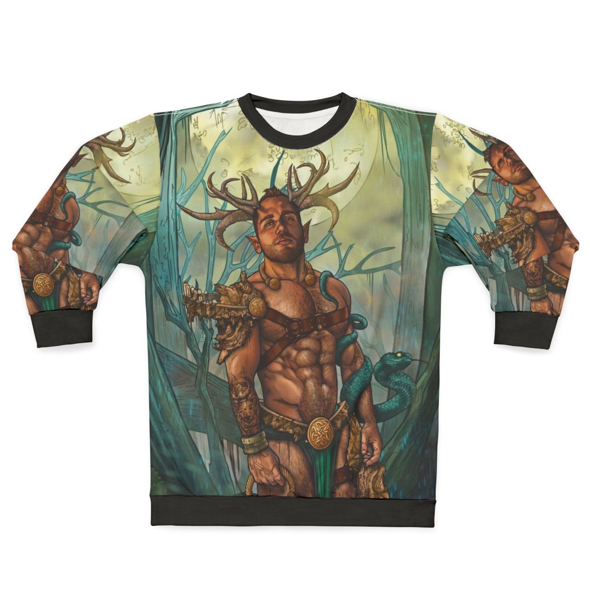 Cernunnos, a mythical pagan satyr figure, featured on a colorful sweatshirt design