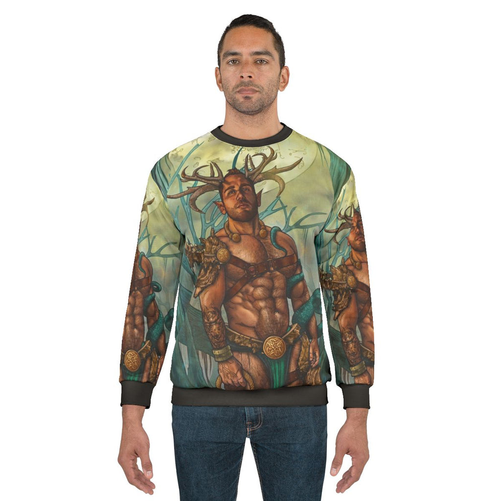 Cernunnos, a mythical pagan satyr figure, featured on a colorful sweatshirt design