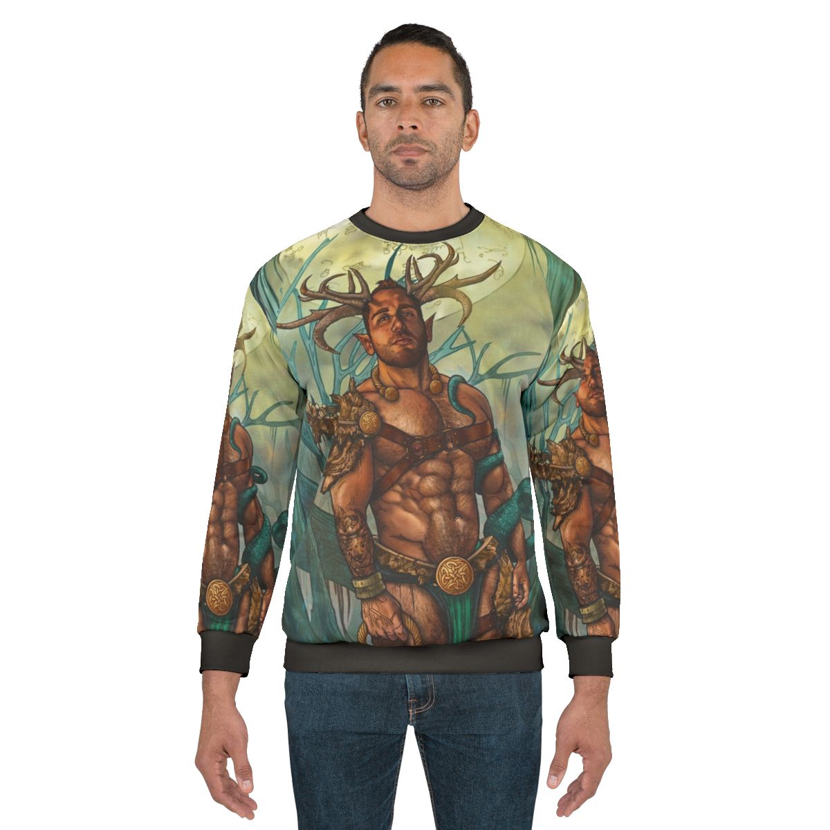 Cernunnos, a mythical pagan satyr figure, featured on a colorful sweatshirt design