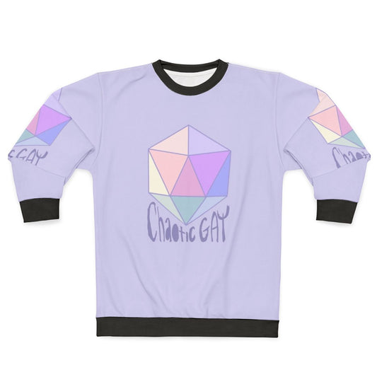 Chaotic Gay Sweatshirt featuring pastel LGBT and Dungeons and Dragons design
