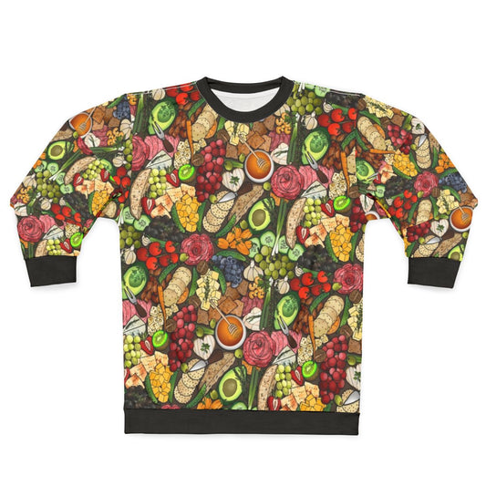 Charcuterie sweatshirt featuring cheeses, fruits, and other delicious food items