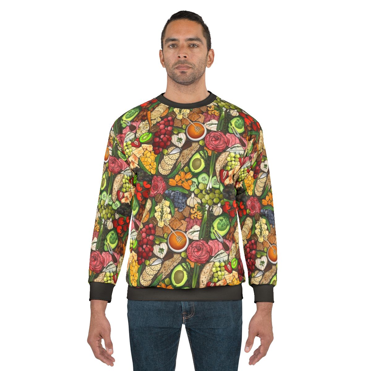 Charcuterie sweatshirt featuring cheeses, fruits, and other delicious food items