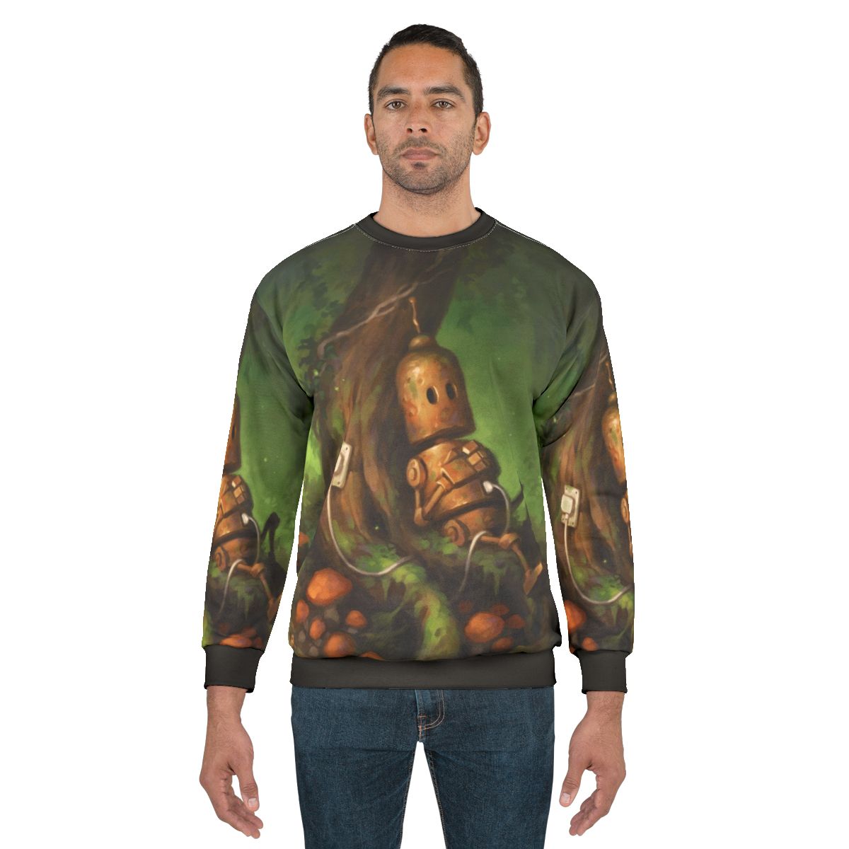Charging robot sweatshirt with nature-themed design