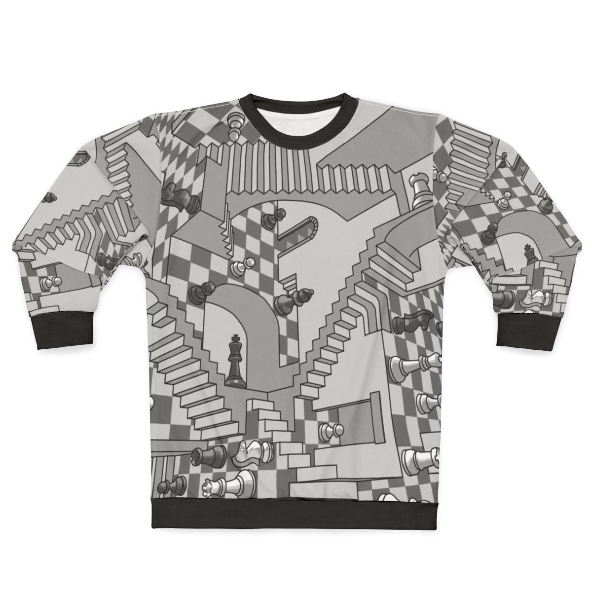 Check Dimension Sweatshirt with Chess and Geometric Pattern Design