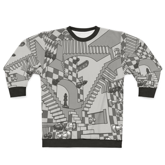 Check Dimension Sweatshirt with Chess and Geometric Pattern Design