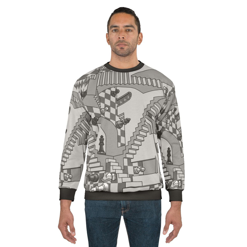 Check Dimension Sweatshirt with Chess and Geometric Pattern Design