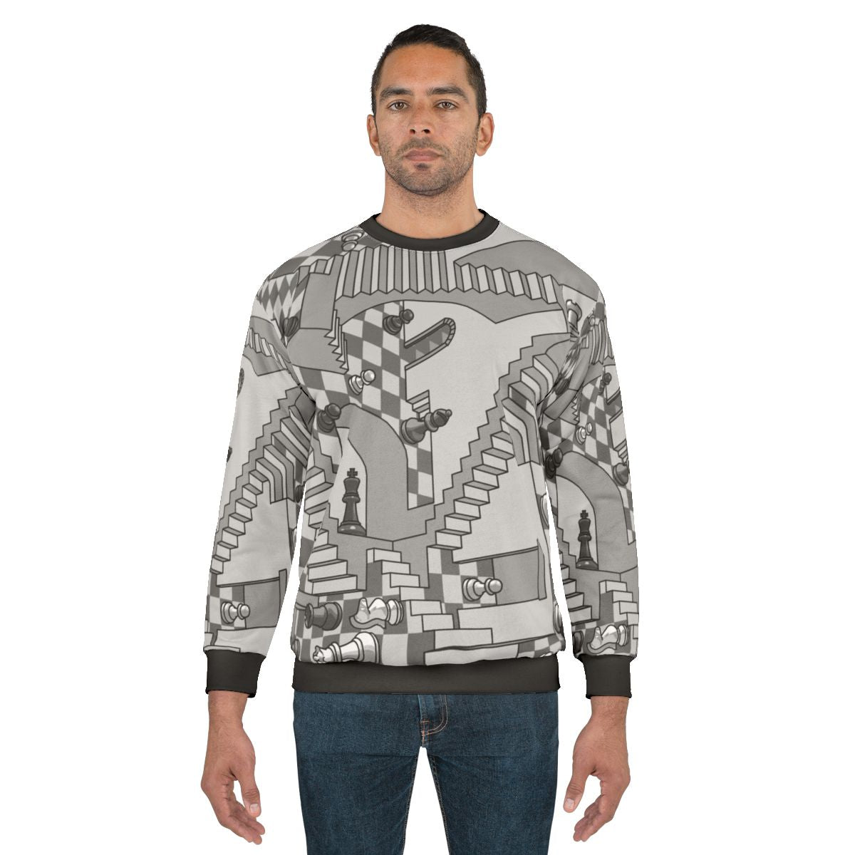Check Dimension Sweatshirt with Chess and Geometric Pattern Design