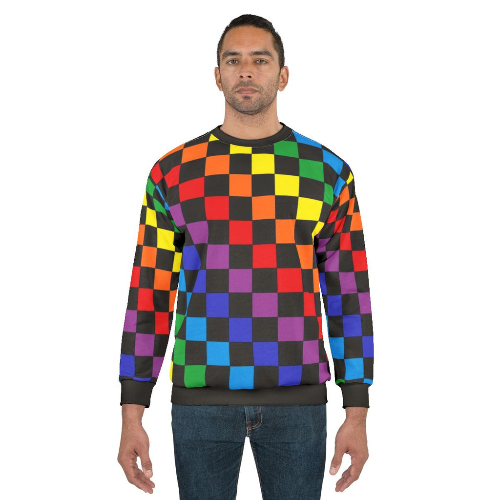 Checkered rainbow black sweatshirt with abstract design