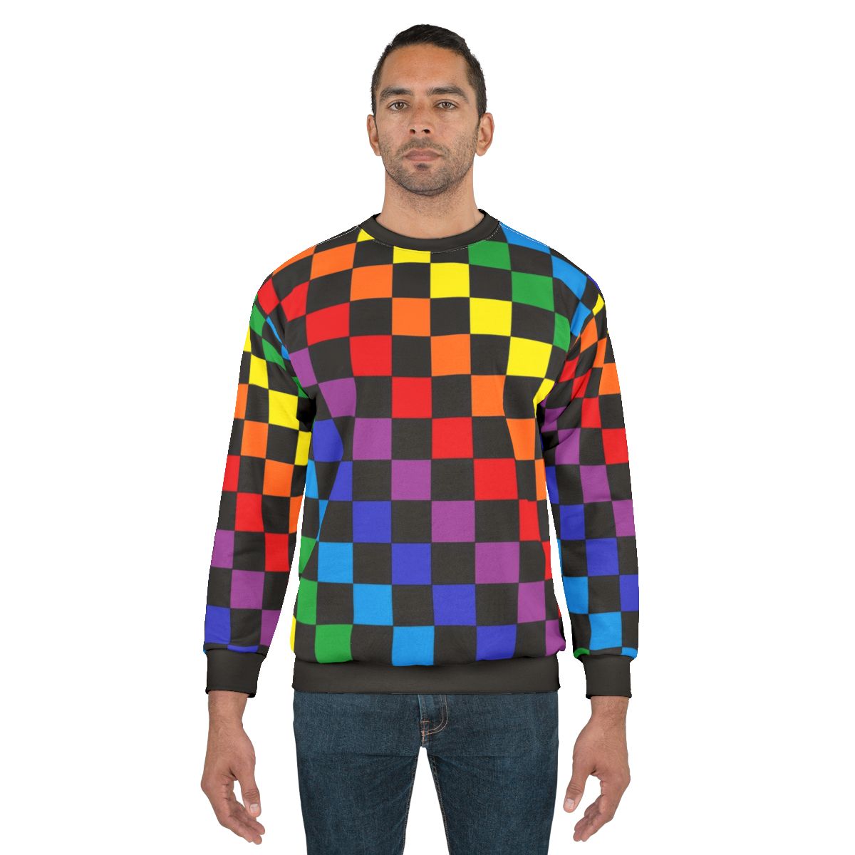 Checkered rainbow black sweatshirt with abstract design