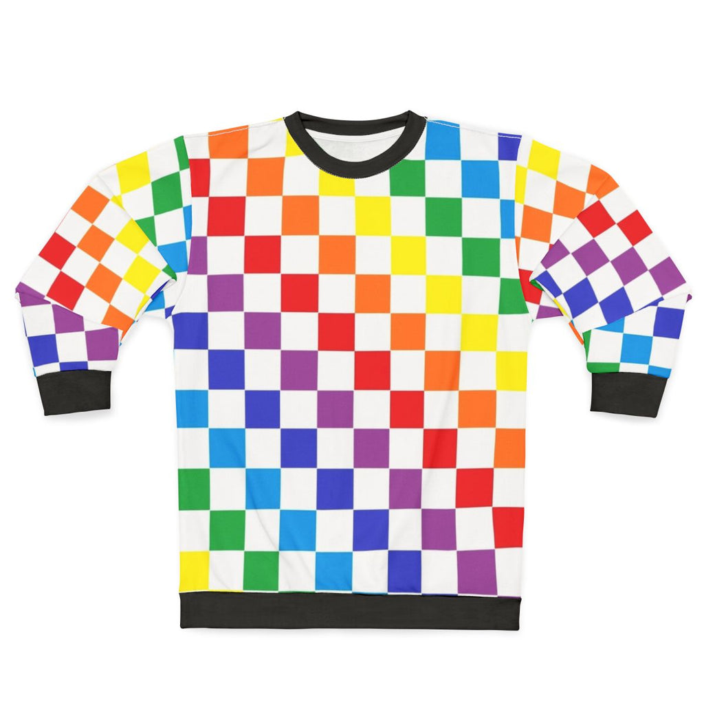 Checkered rainbow sweatshirt with colorful geometric abstract design