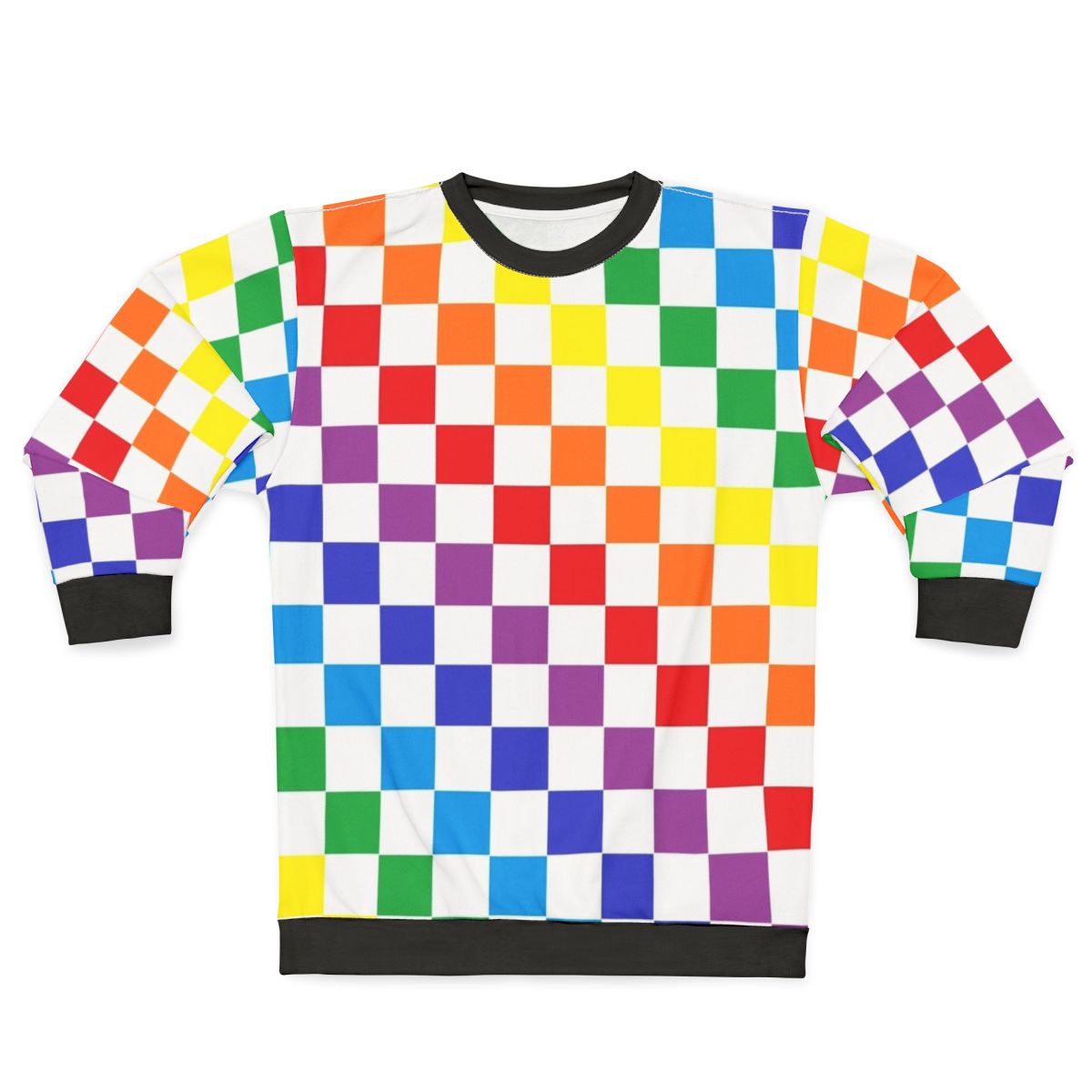 Checkered rainbow sweatshirt with colorful geometric abstract design