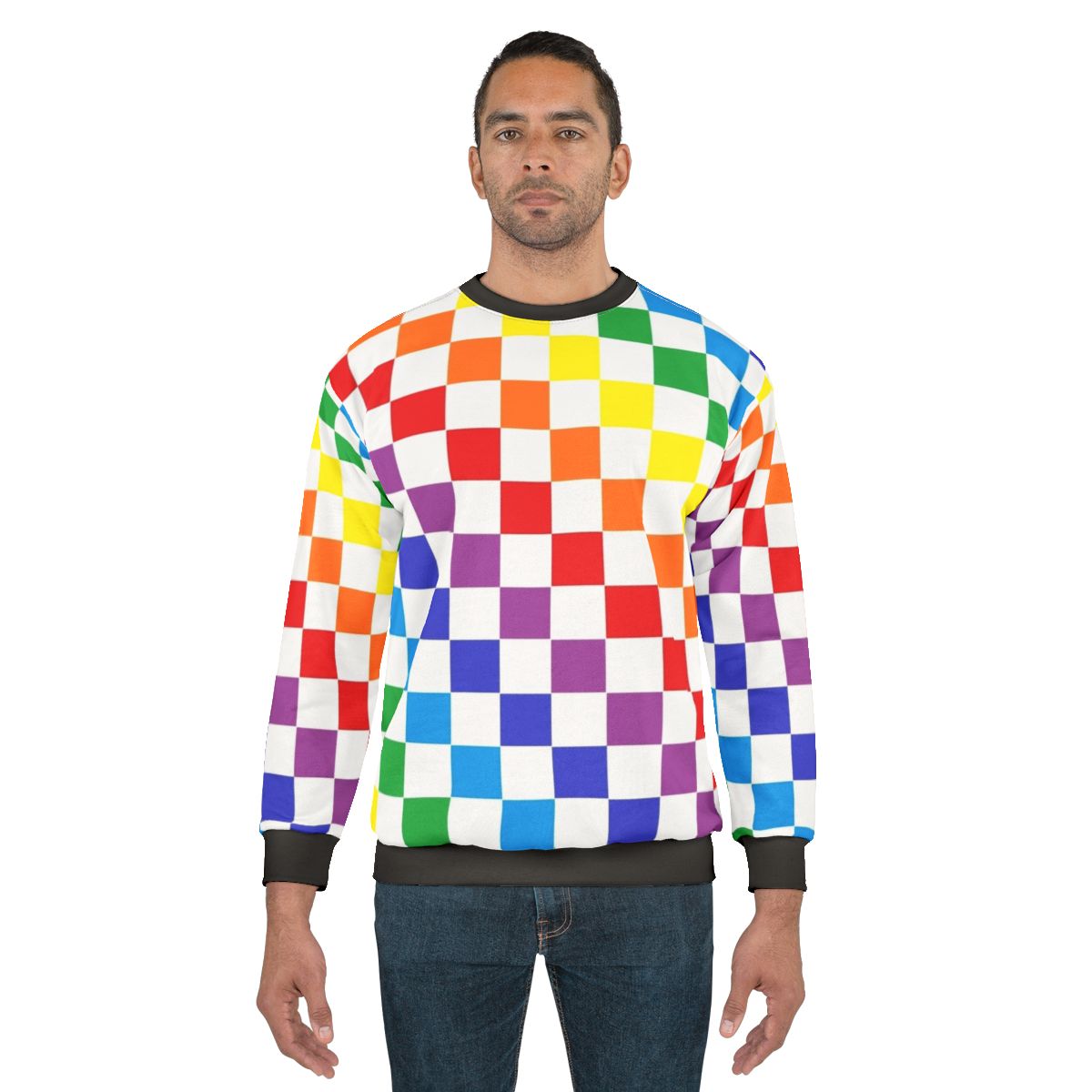 Checkered rainbow sweatshirt with colorful geometric abstract design