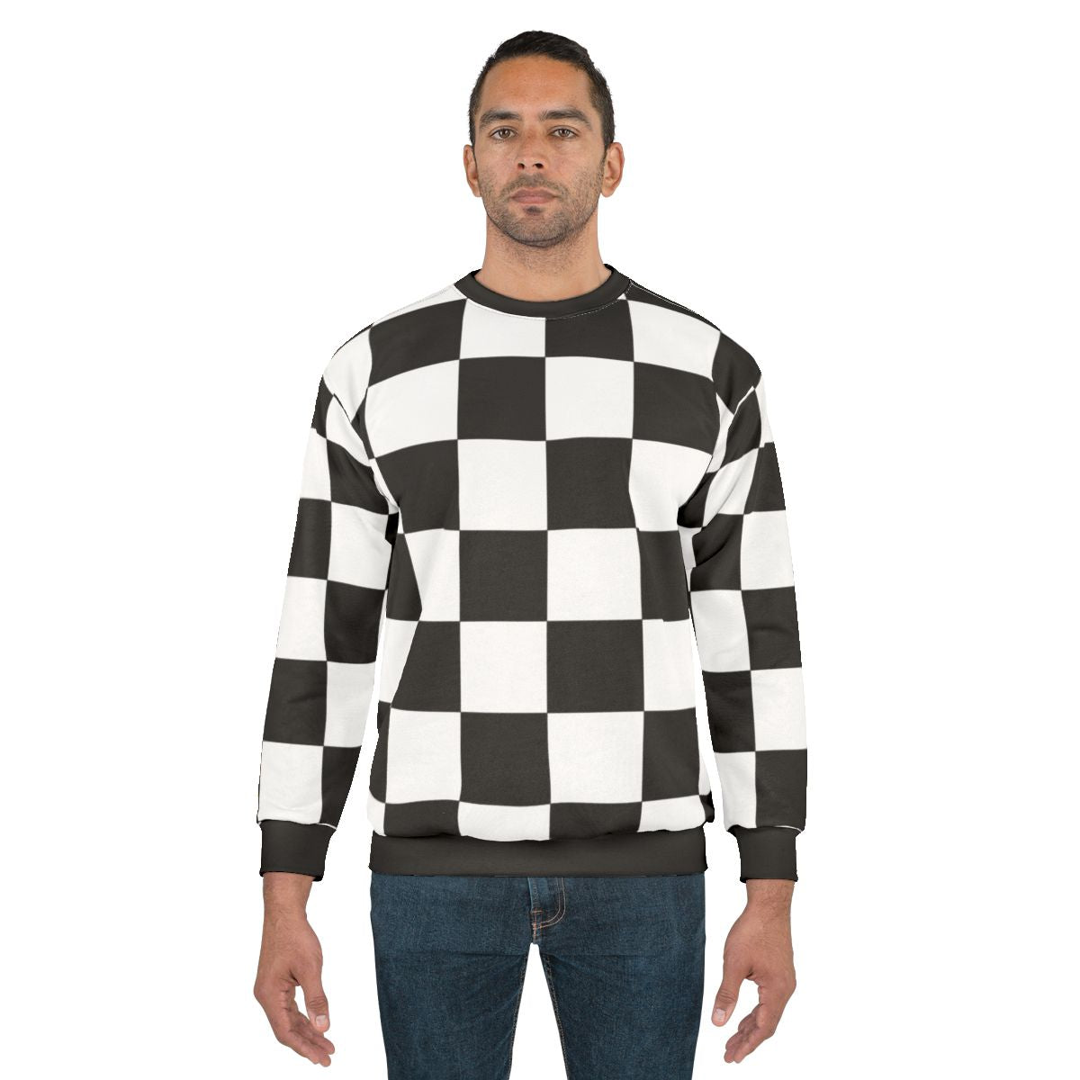 Checkered sweatshirt with a geometric black and white pattern