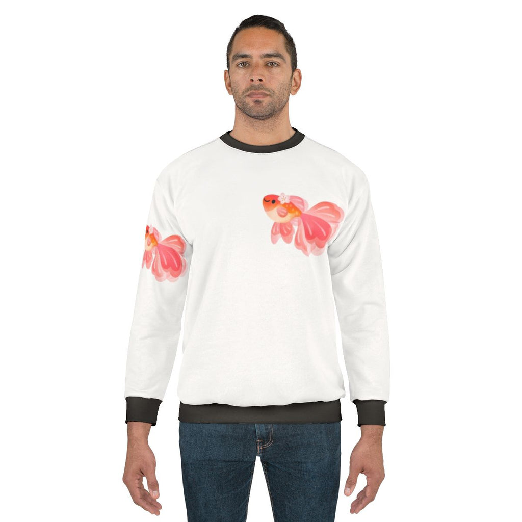 Cherry blossom goldfish print on a cozy sweatshirt