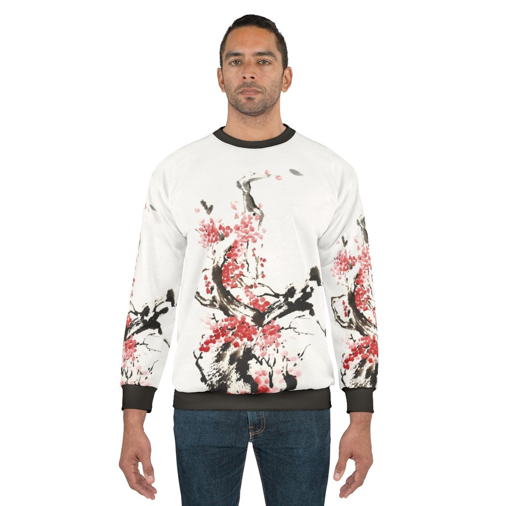 Japanese ink painting of cherry blossom flowers on a sweatshirt
