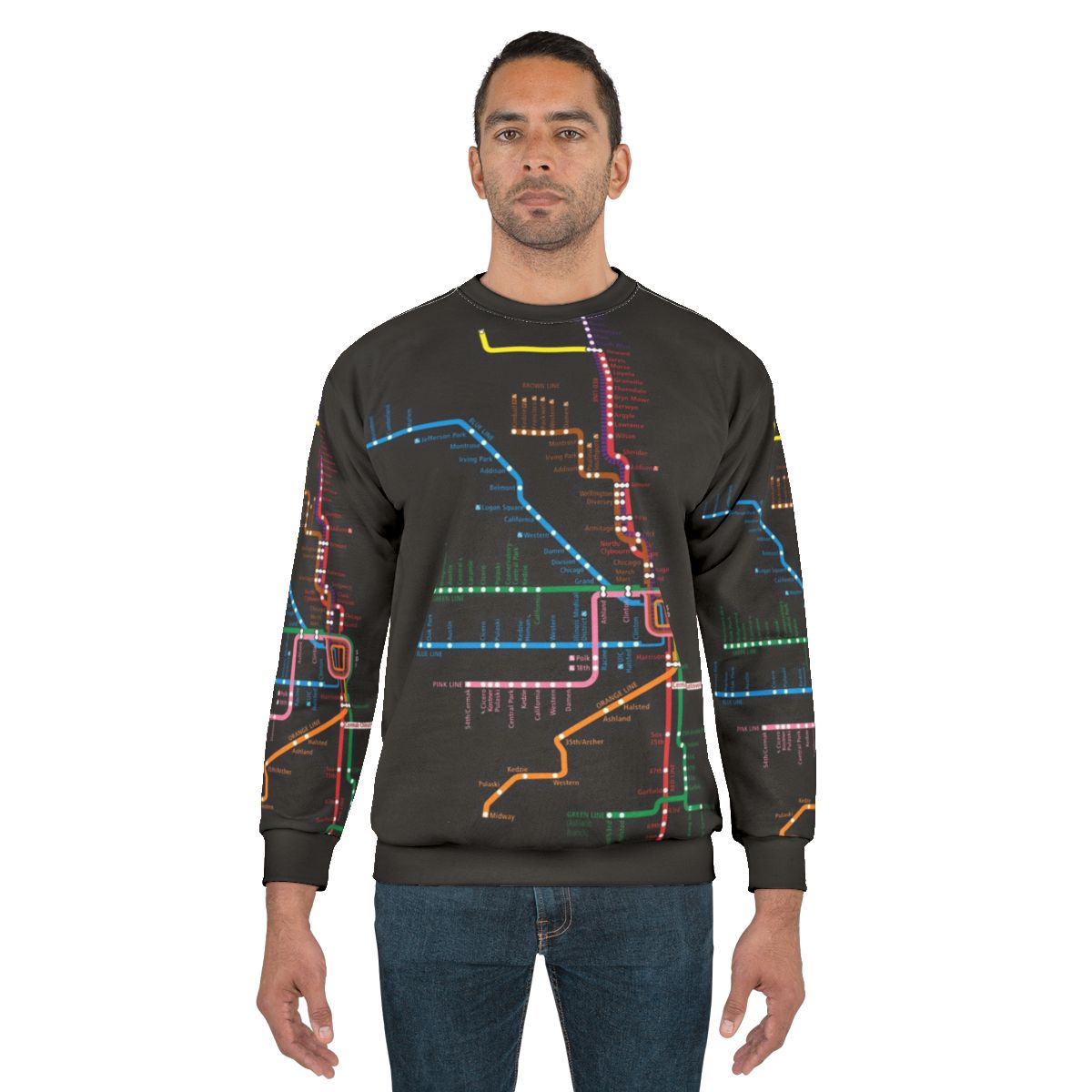 Chicago Transit Map Sweatshirt featuring a detailed map of the Chicago transportation system