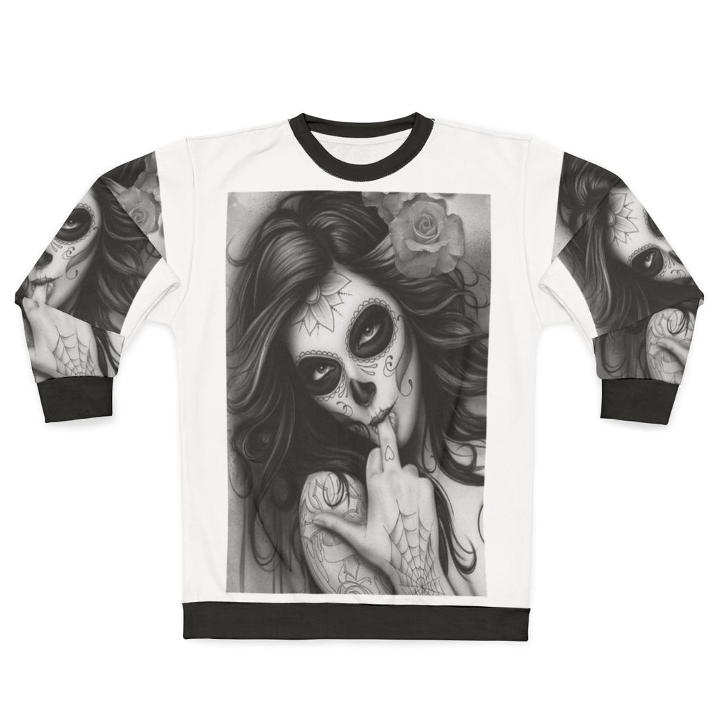 Chicano Style Sweatshirt with Unique Skull and Tattoo Design