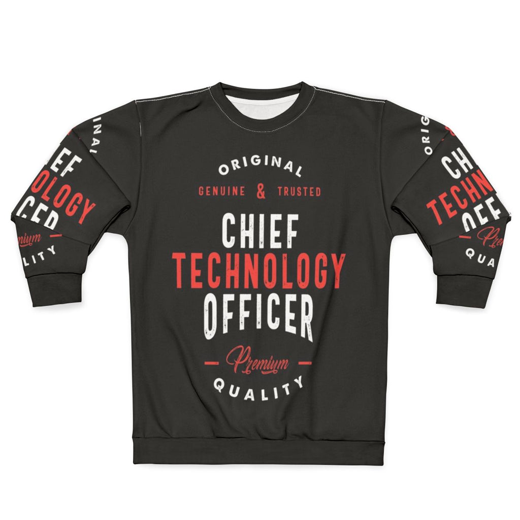 Chief Technology Officer wearing a sweatshirt with "CTO" text
