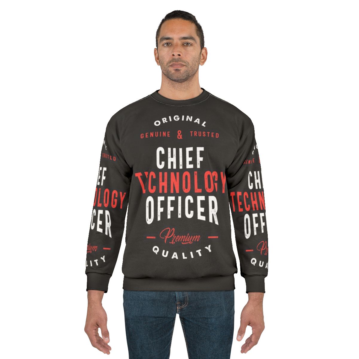 Chief Technology Officer wearing a sweatshirt with "CTO" text