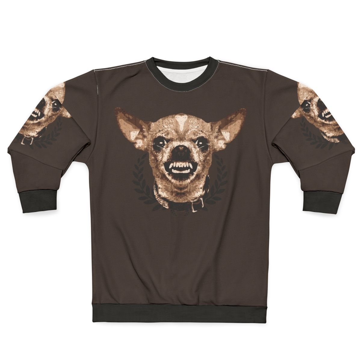 Chihuahua wearing a cozy sweatshirt with a fierce expression
