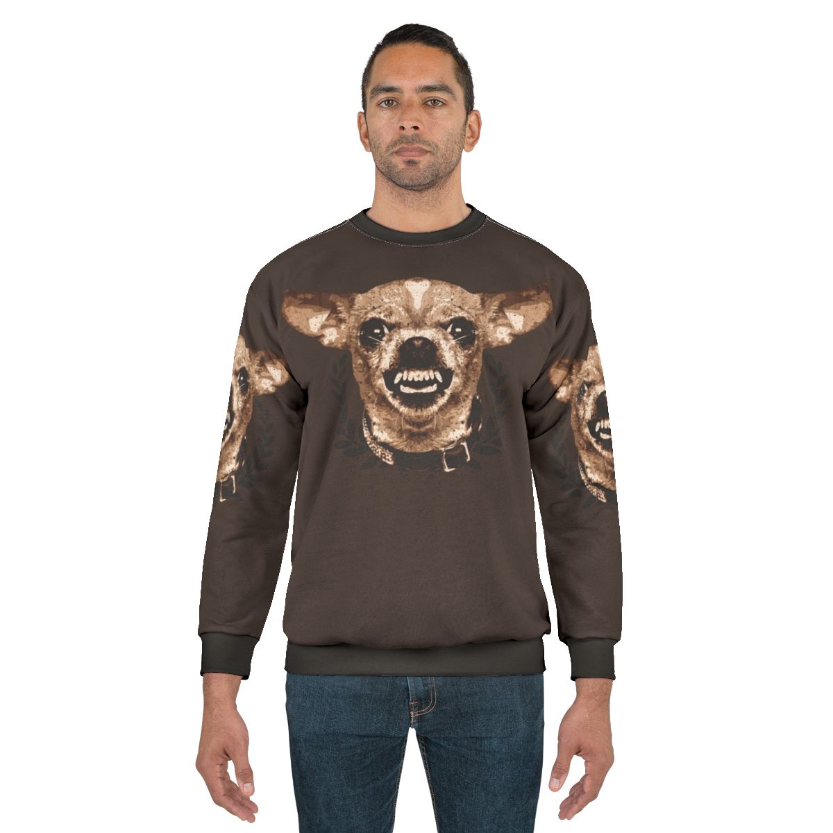 Chihuahua wearing a cozy sweatshirt with a fierce expression