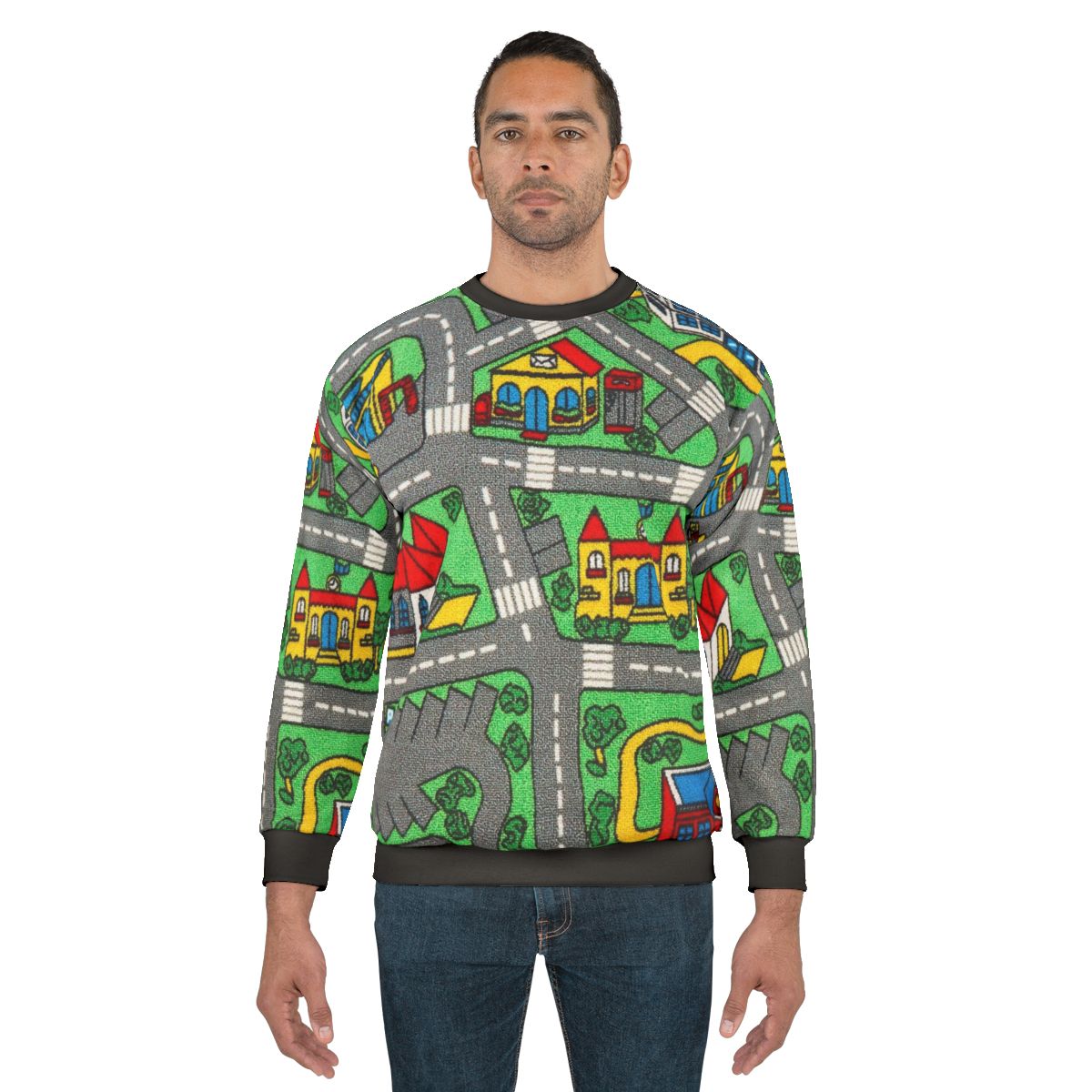 Children's sweatshirt with playmat design and car racing track