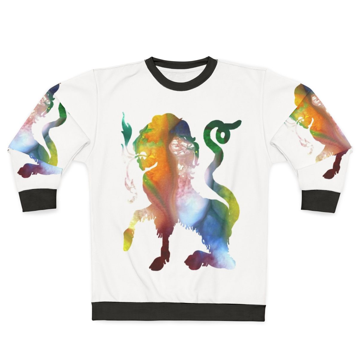 Watercolor illustration of a colorful chimera, a mythical Greek creature, on a sweatshirt