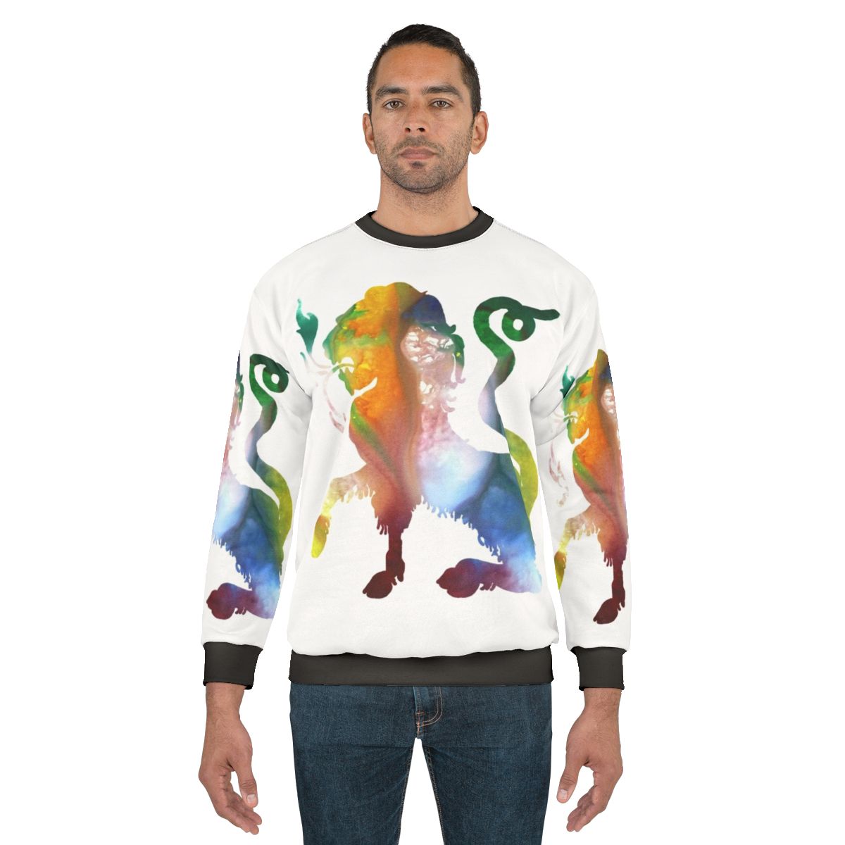 Watercolor illustration of a colorful chimera, a mythical Greek creature, on a sweatshirt
