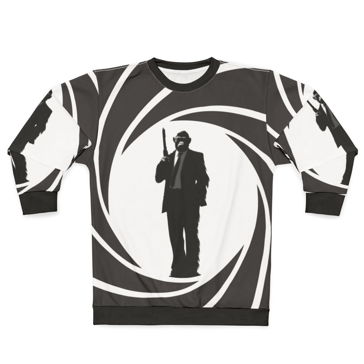 Chimpanzee secret agent wearing tuxedo on sweatshirt