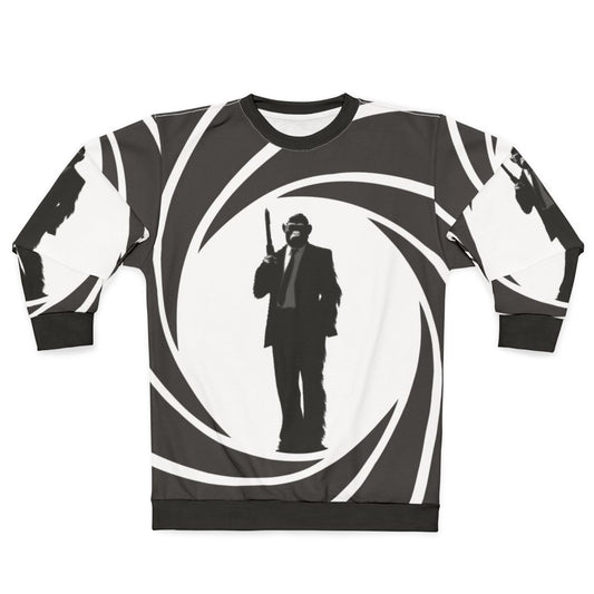Chimpanzee secret agent wearing tuxedo on sweatshirt