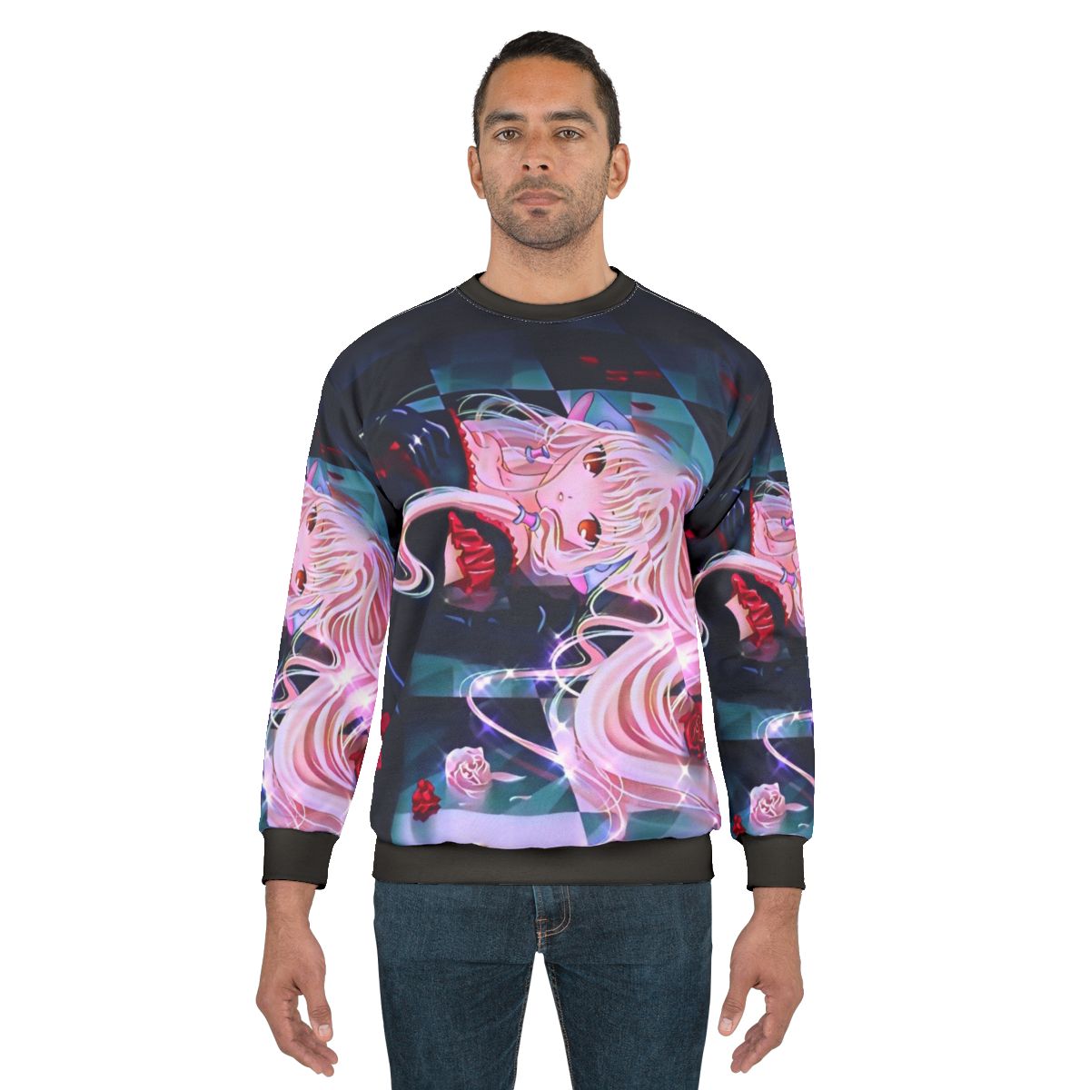 Chobits inspired kawaii anime sweatshirt with rose sparkle design