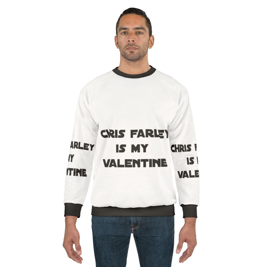 Retro Chris Farley themed sweatshirt with "Is My Valentine" text