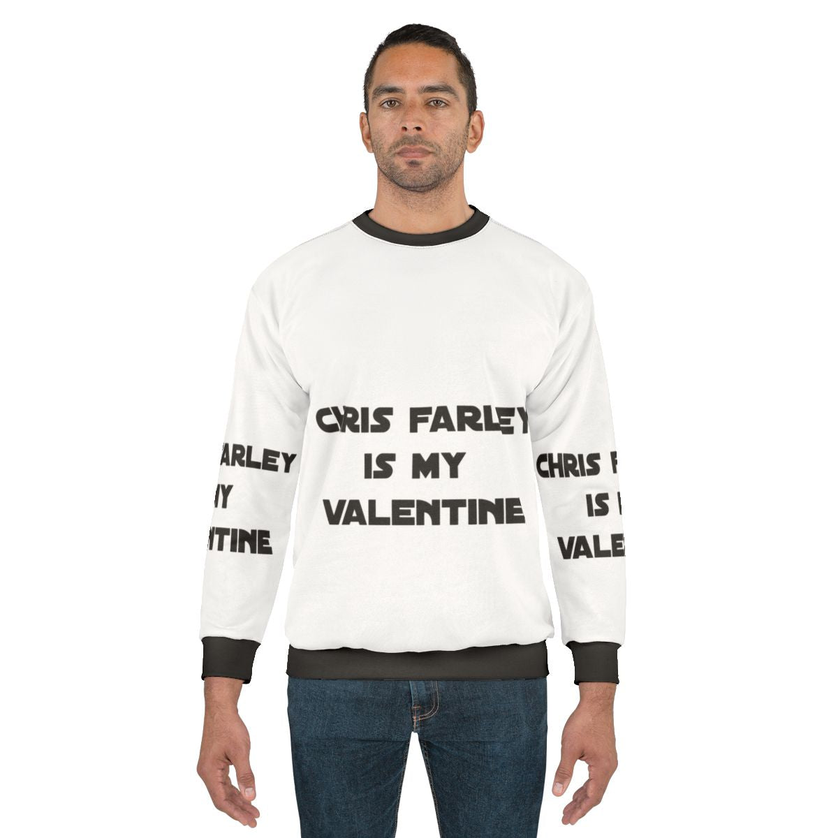Retro Chris Farley themed sweatshirt with "Is My Valentine" text