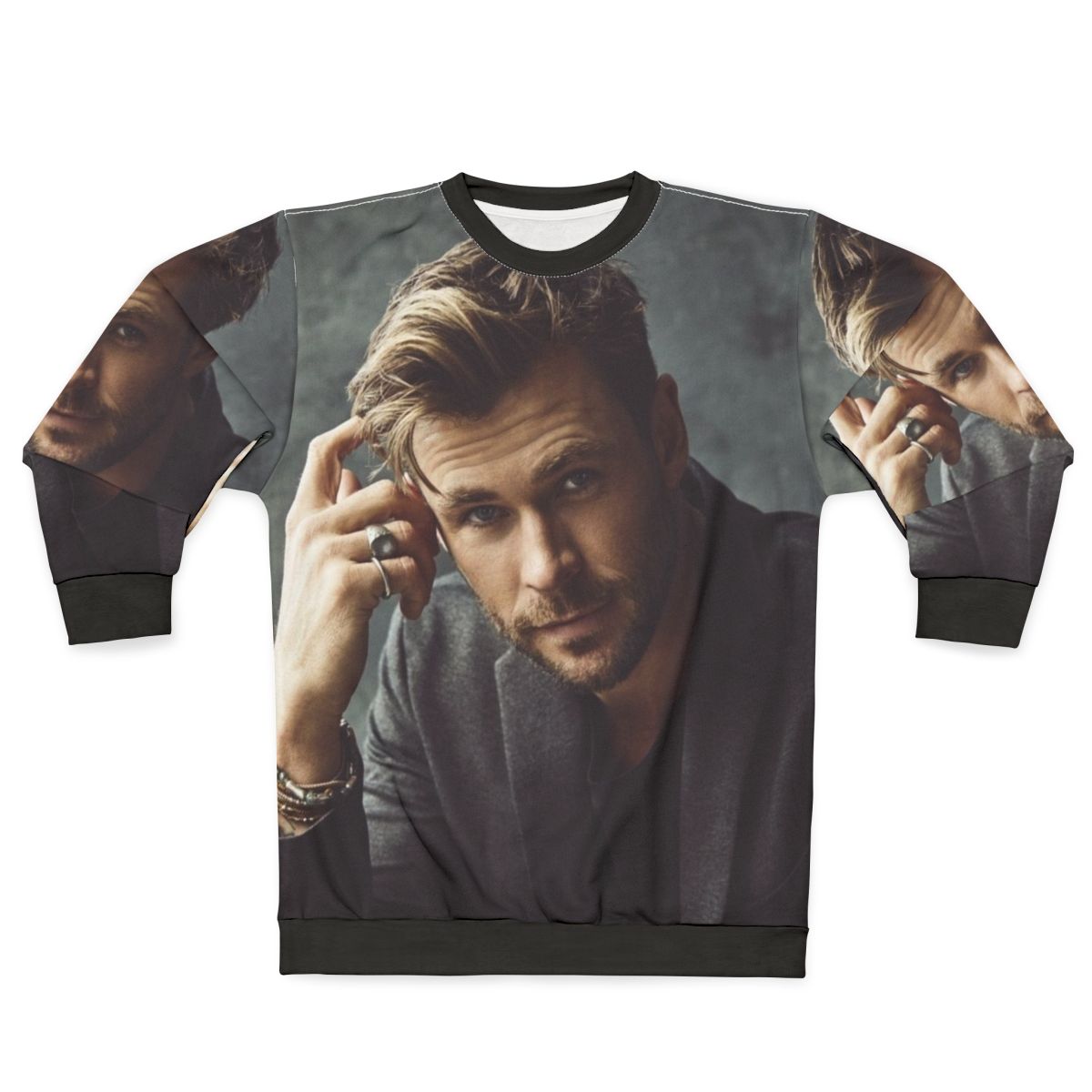 Chris Hemsworth wearing a stylish sweatshirt with the Thor logo