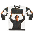 Chris Kattan holding a boombox on a retro-inspired sweatshirt