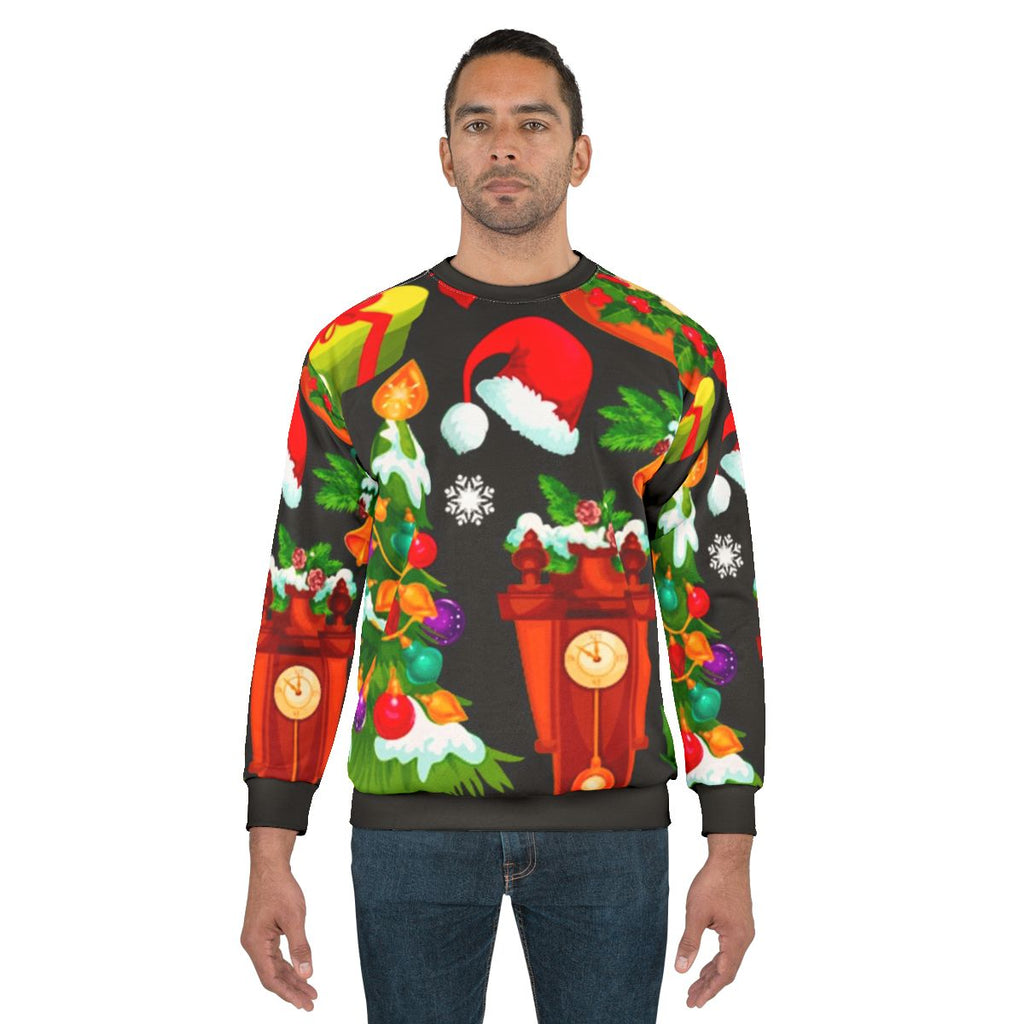 Cozy Christmas pattern sweatshirt with Santa, reindeer, and holiday designs