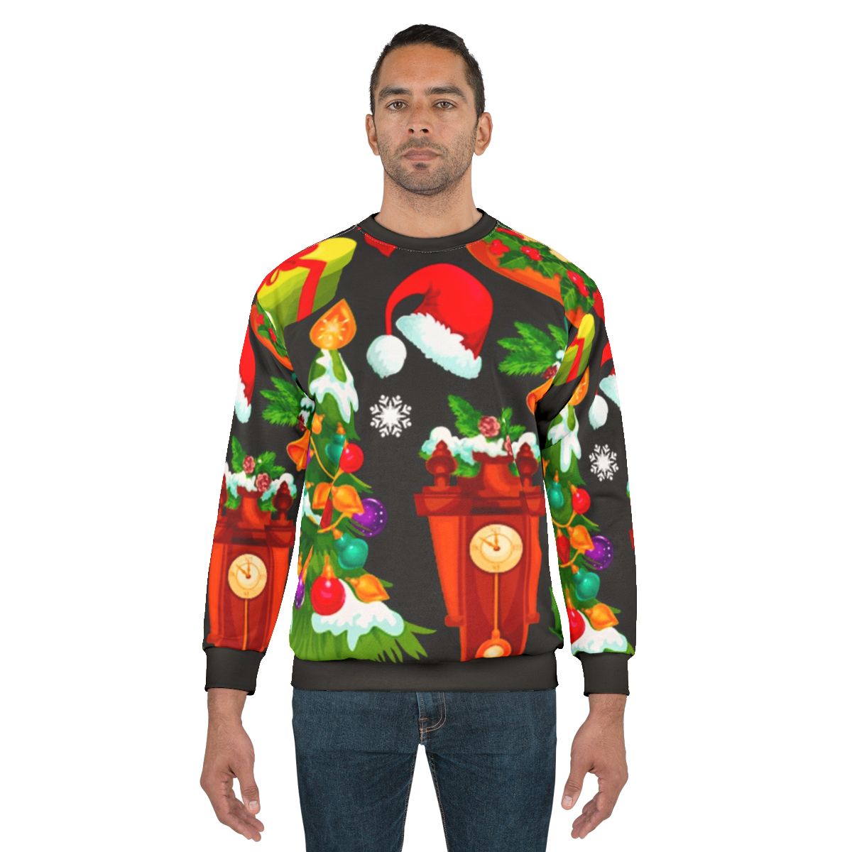 Cozy Christmas pattern sweatshirt with Santa, reindeer, and holiday designs
