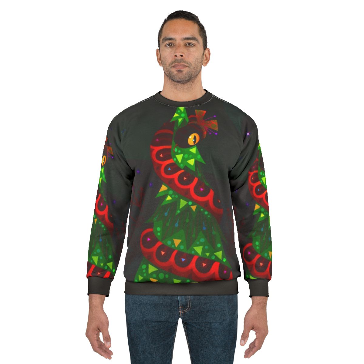 Festive Christmas snake sweatshirt with holiday tree design